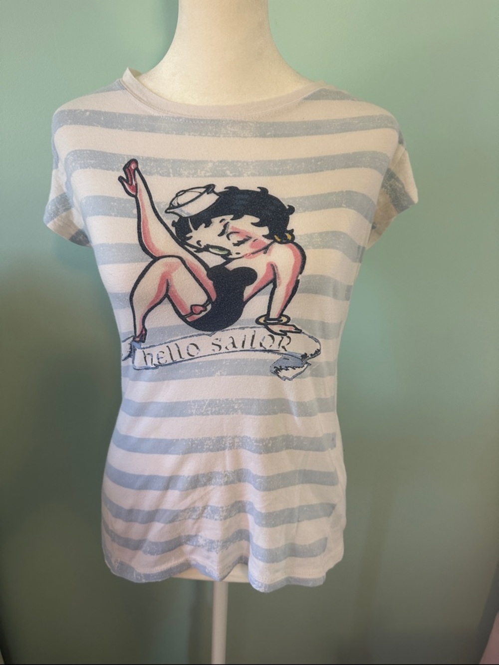 Betty Boop Striped 'Hello Sailor' Graphic Tee - Light Blue & White